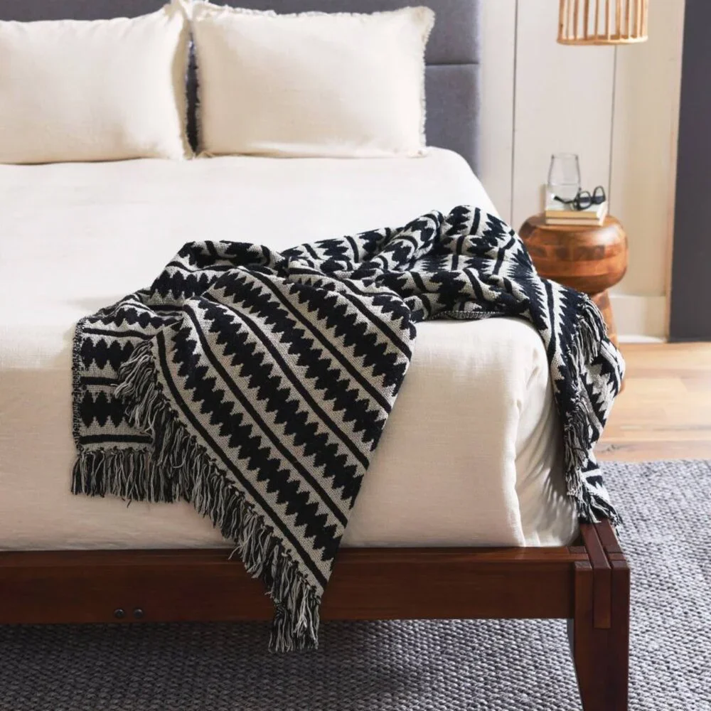 Creative Co-Op Striped Cotton Throw Blanket with Fringe/NWT